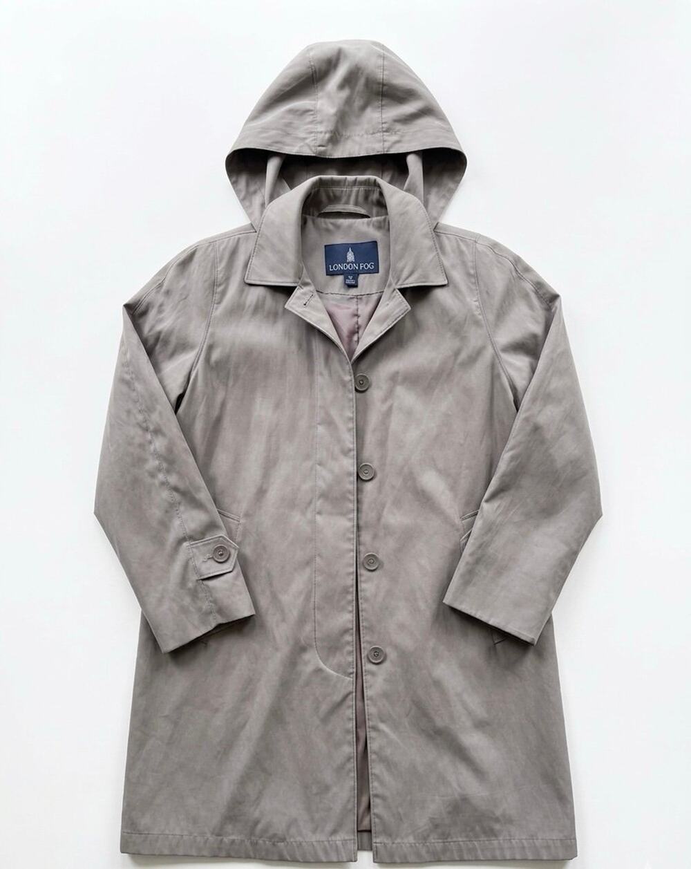 London Fog Trench Coat Women’s Hooded Rain Coat Taupe Beige Button Front Classic